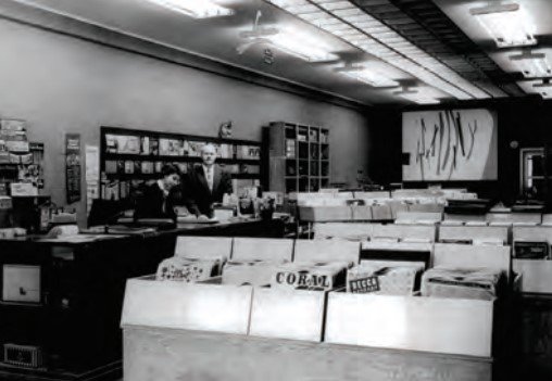 Rudi and Lena behind the counter of Rudi Pock's Hi-Fi